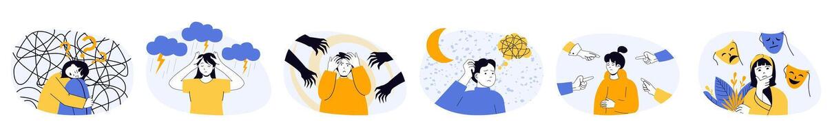 Mental health problem concept set in flat web design. Collection with people feeling negative emotions and stress with nervous trouble, suffering depression. illustrations on white background. vector