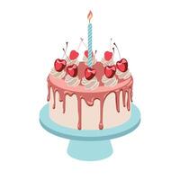 illustration of a cake with a burning candle, chocolate, whipped cream, and cherries on a blue stand vector