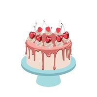 illustration of a cake with chocolate, whipped cream, and cherries on a blue stand vector