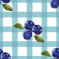 illustration of a pattern with blueberries and green leaves on a blue checkered background. Stylish and fresh design for textiles and decor vector