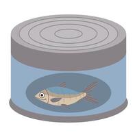 Cartoon can of canned fish in flat style isolated on white background. Hiking food. vector