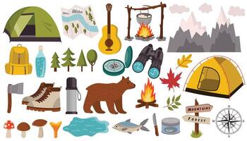 Cartoon design elements set for summer camping theme in flat style isolated on white background. Tent and campfire, binoculars and brown bear. vector