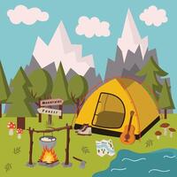 Cartoon scene of camping stop with tent and campfire in flat style isolated on white background. vector