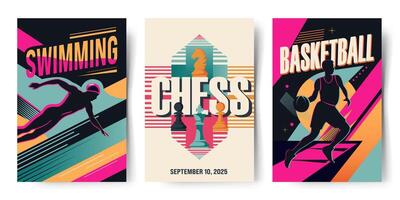 Retro style posters with different sports. Basketball, chess, swimming. Modern abstract backgrounds. Trendy geometric shapes. vector