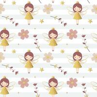Seamless pattern with cute fairies in golden dresses and flowers. Fairy tale background. Cartoon patterns. vector