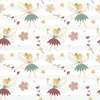 Seamless pattern with cute fairies and flowers. Fairy tale springtime background. Cartoon patterns. vector