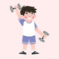 A boy holding a dumbbell in his hands vector