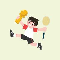 A cartoon boy holding a trophy and a racket vector