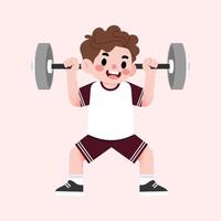 A boy is doing a barbell exercise on a pink background vector