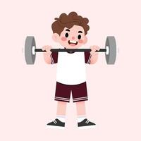A boy is lifting a barbell in a cartoon style vector