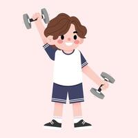 A boy holding two dumbbells in his hands vector