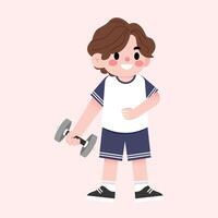 A boy holding a dumbbell in his hand vector