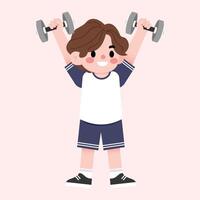 A boy lifting dumbbells in cartoon style vector