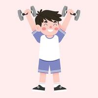 A boy lifting weights with his hands vector