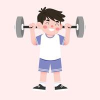 A boy lifting a barbell in a cartoon style vector