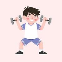 A boy is doing dumbbell exercises vector