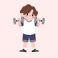 A cartoon boy lifting dumbbells vector