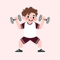 A boy is doing dumbbell exercises on a pink background vector