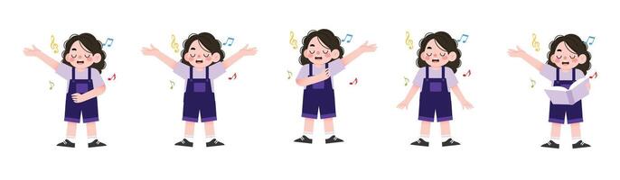 A cartoon girl in different poses with her hands up vector