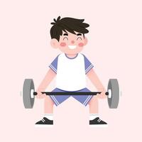 A boy is doing a barbell squat with a barbell vector