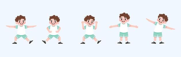 Cartoon boy in different poses, one with his arms up vector