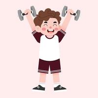 A boy lifting weights with his hands vector