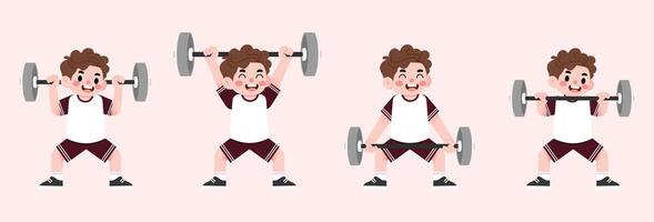 A cartoon boy doing different exercises with a barbell vector