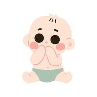 A baby sitting on the floor with his hands on his face vector
