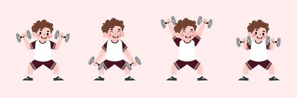Cartoon boy doing dumbbell exercises vector