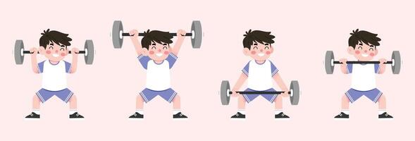 A cartoon boy doing squats with weights vector