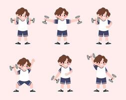 A boy doing various exercises with dumbbells vector