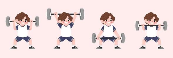 A cartoon boy lifting weights in different positions vector