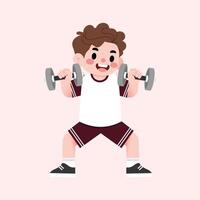 A boy is doing dumbbell exercises on a pink background vector