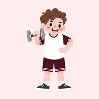A boy holding a dumbbell in his hand vector