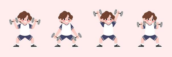 A cartoon boy doing dumbbell exercises vector