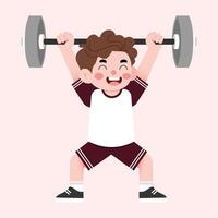 A boy lifting a barbell in a cartoon style vector