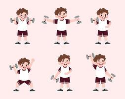 A boy doing various poses with dumbbells vector