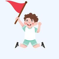 A boy holding a red flag and jumping vector