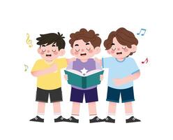 Three boys singing together with music notes vector
