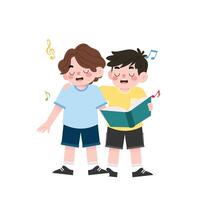 Two boys singing together with music notes vector