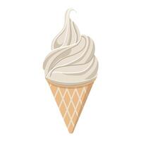 Flat illustration of vanilla ice cream in a waffle cone. Beige and white ice cream on white background. Swirl of soft serve ice cream. Illustration of a sweet dessert. vector