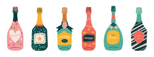 Doodle wine bottles. Various Bottles. Bottles of Different shapes and colors. Champagne, Brut, Sparkling wines. Hand drawn colorful illustrations. Celebration concept. vector