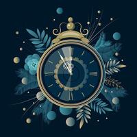 Clock dial with Roman numerals on a background of fantastic branches and flowers. New Year Countdown and chimes. Five minutes before twelve. vector