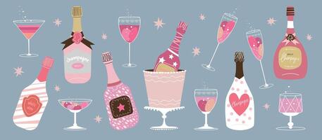 Various wine bottles with glasses. Bottles of Different shapes and colors. Champagne, Brut, Sparkling wines. Hand drawn colorful illustrations. Celebration concept. vector