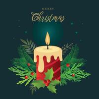 Christmas card with a candle decorated with fir branches on a green background. Flat illustration with Merry Christmas lettering. New Year greeting card, banner. vector