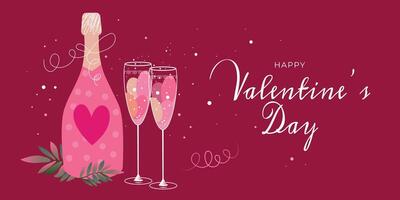 Valentines day background. Happy valentine's day text with romantic elements like champagne and glasses. vector