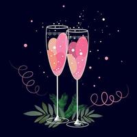 Two sparkling glasses of champagne. Illustration isolated on dark background. Merry Christmas and new year bright postcard for holiday background, greeting card, invitation, web banner. vector