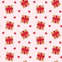 Hearts and gift boxes with red bow on the pink background seamless pattern vector
