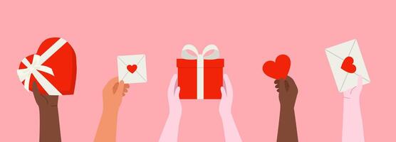 People of different races holding heart-shaped gift box and square box with white bows, envelopes with hearts on pink background vector