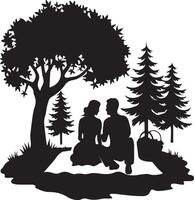 Couple Enjoying Romantic Picnic in the Forest Silhouette Art Illustration on a white background vector